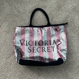 Victoria secrets tote. Sequins pink and silver with black cotton back